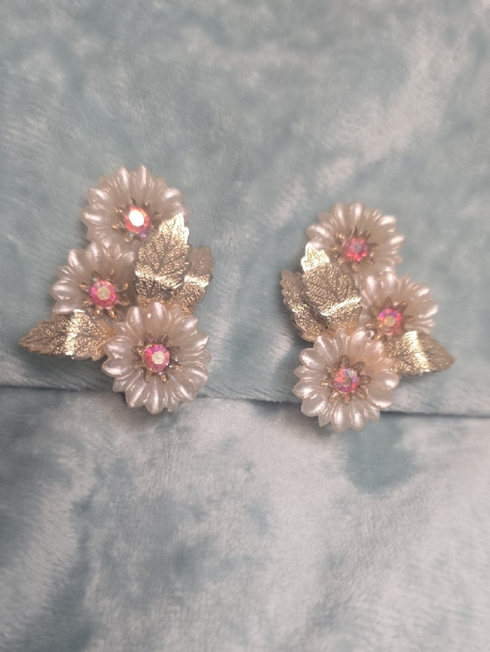 Coro Floral Cluster with Gold Tone Leaves Clip On Earrings - Picture 7 of 7